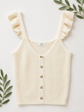 Ribbed Knit Tank Top Ruffle Strap Button Front Coquette Sweater Tank Small